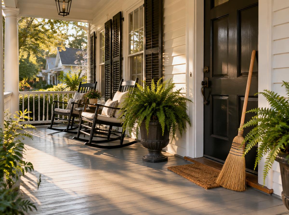 Freshly swept Southern front porch with rocking chairs and ferns in Athens, Georgia