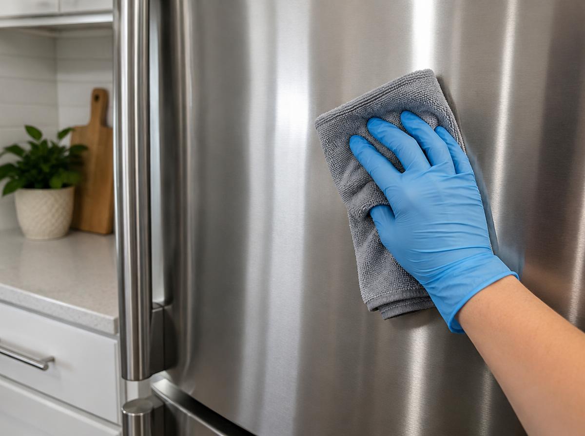 Gloved hand re-polishing a stainless steel refrigerator door to a streak-free shine