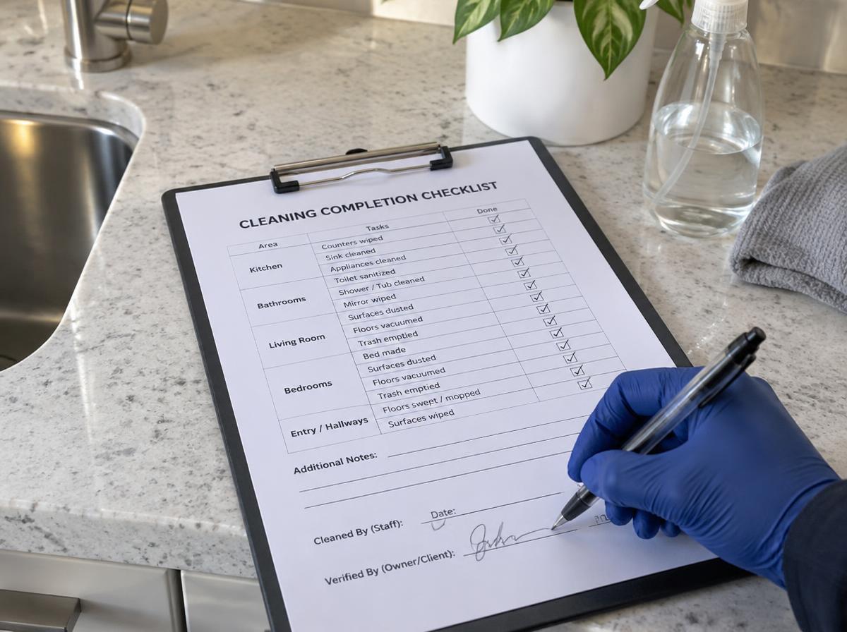 Gloved hand signing a completed cleaning checklist on a clipboard on a kitchen counter