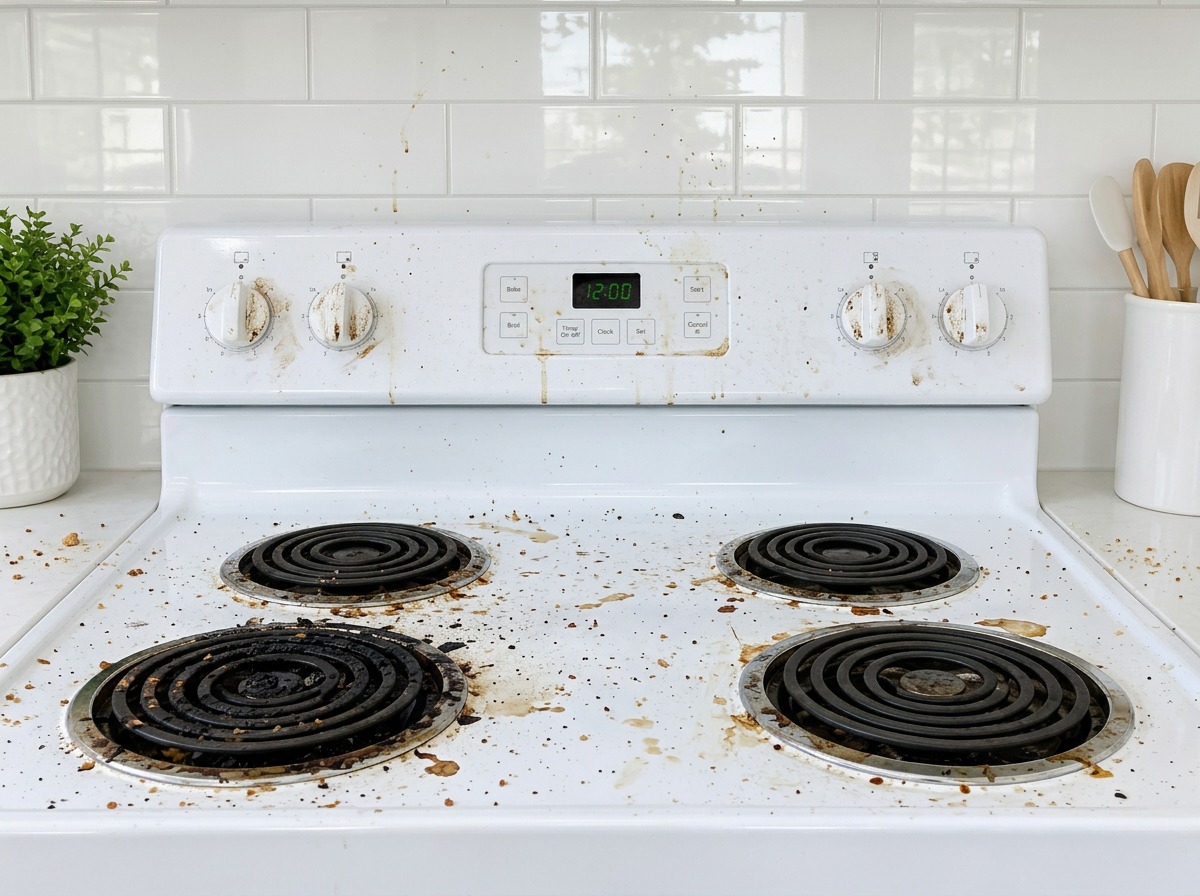 Greasy stovetop covered in burnt food stains before cleaning