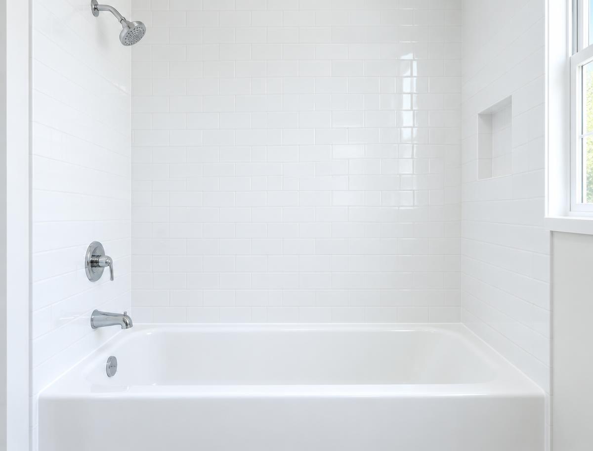Same bathtub and tile wall bright white after deep cleaning