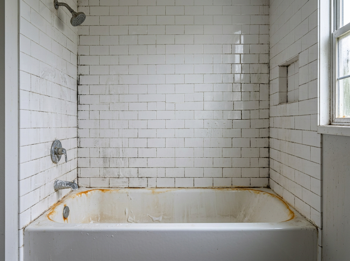 Bathtub with rust ring and mildew-stained grout before cleaning
