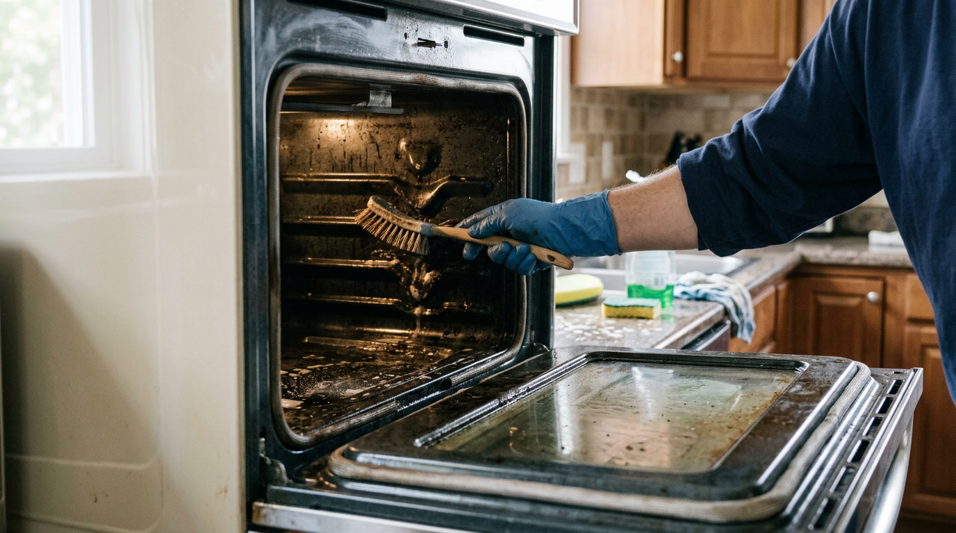 Long-handled oven brush scrubbing the interior of an open oven