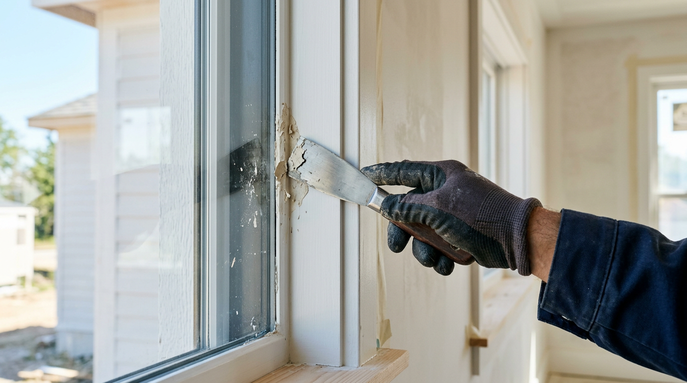 Putty knife removing dried paint residue from a new window frame