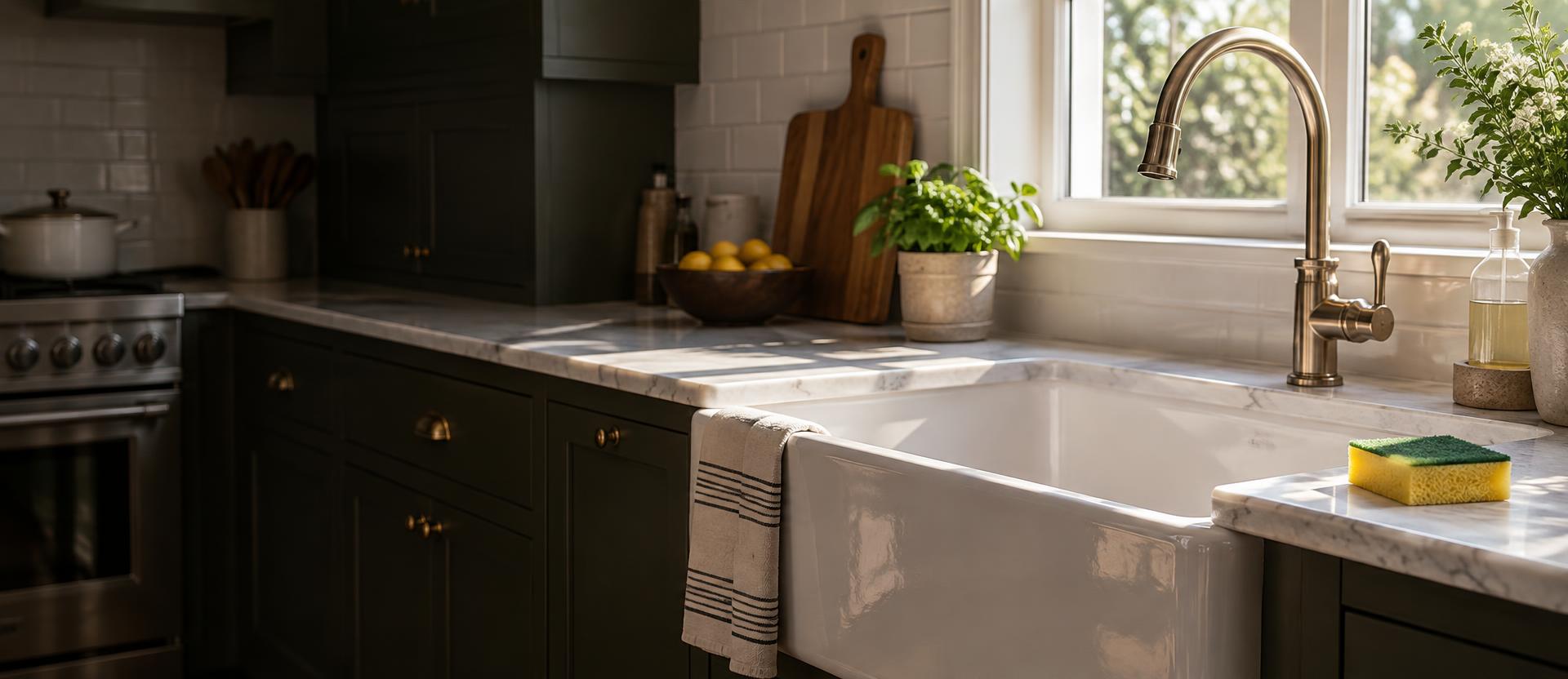Spotless white farmhouse kitchen sink with a cleaning sponge in warm window light