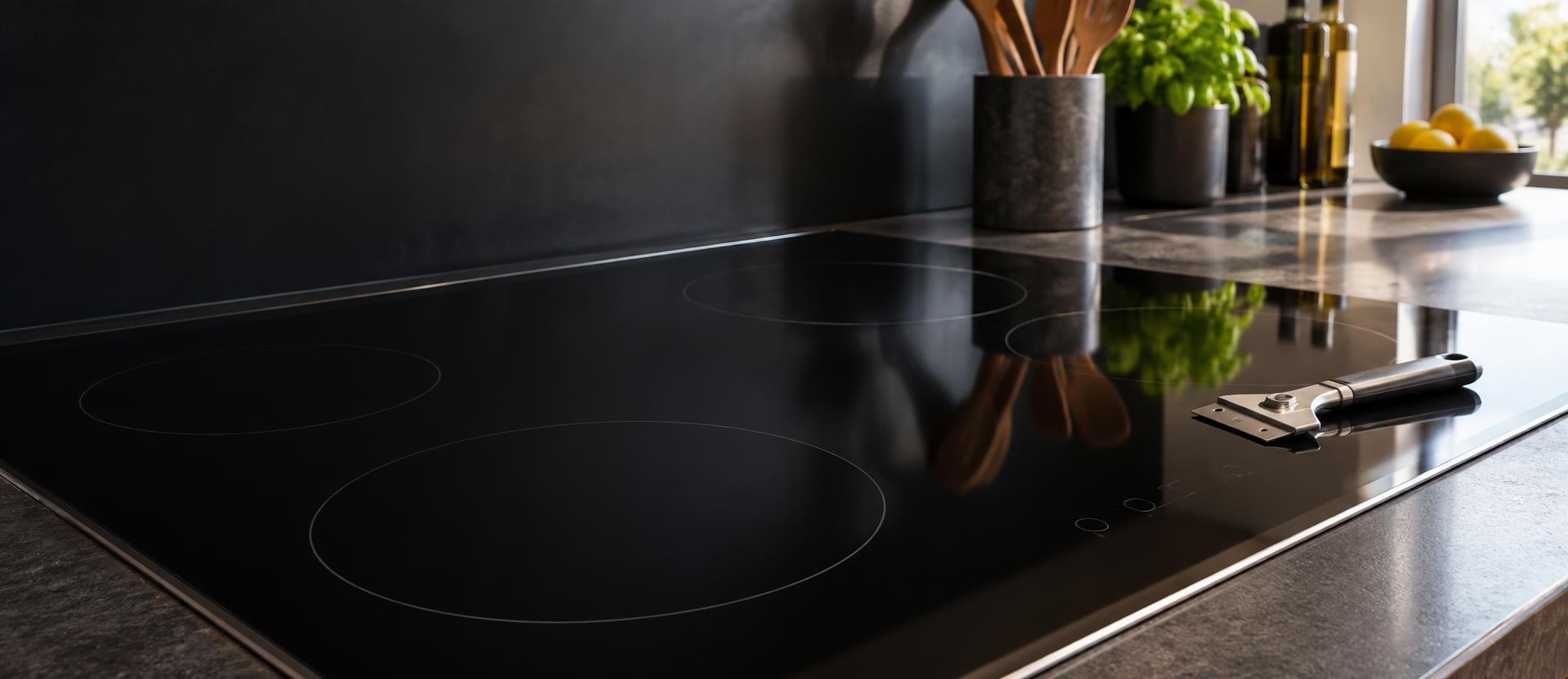 Cooktop scraper resting on a spotless black glass stovetop in a modern kitchen
