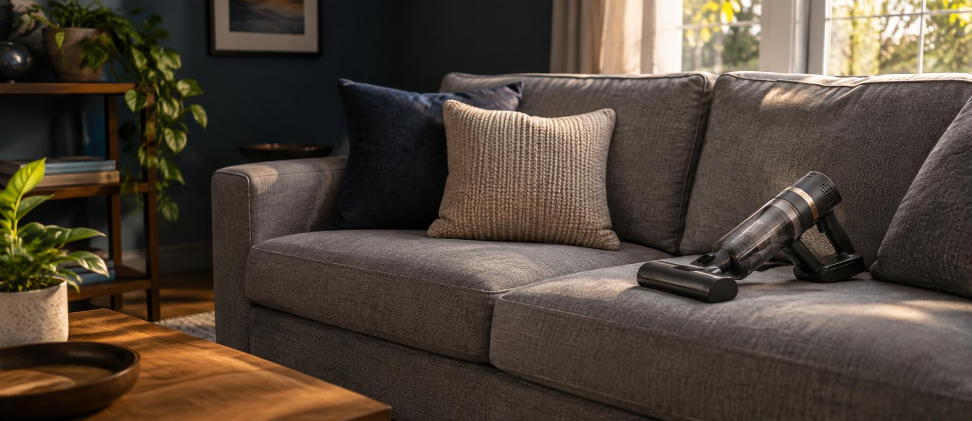 Cordless handheld vacuum resting on a clean grey fabric sofa in sunlight