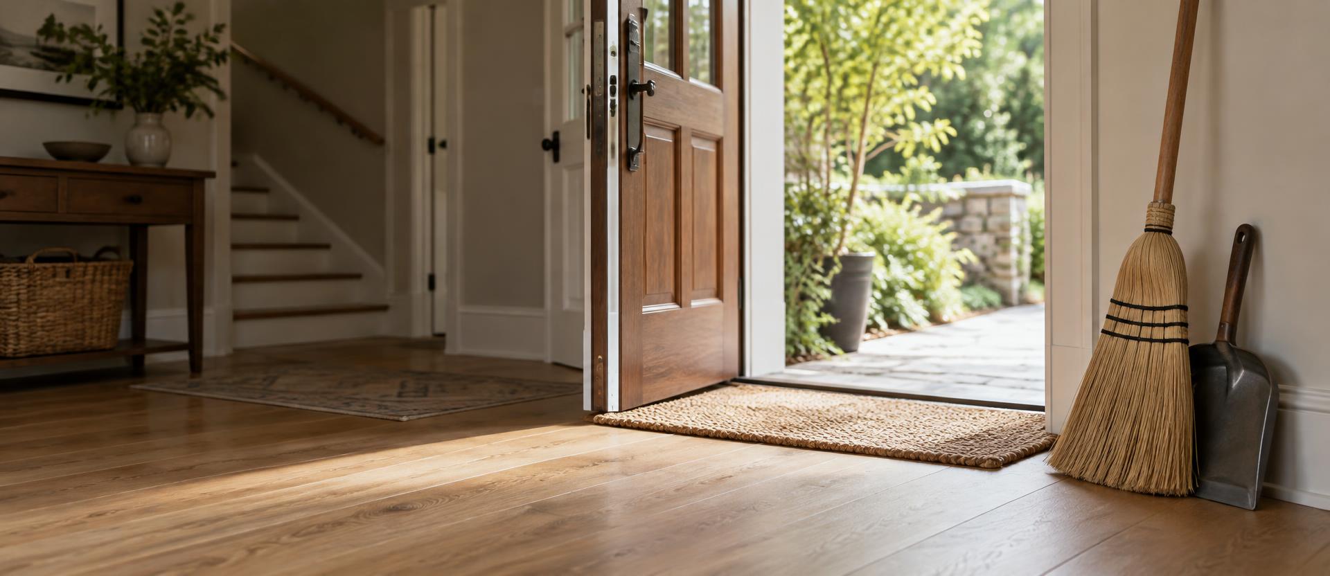 Corn broom and dustpan beside a clean hardwood entryway with sunlight from an open door