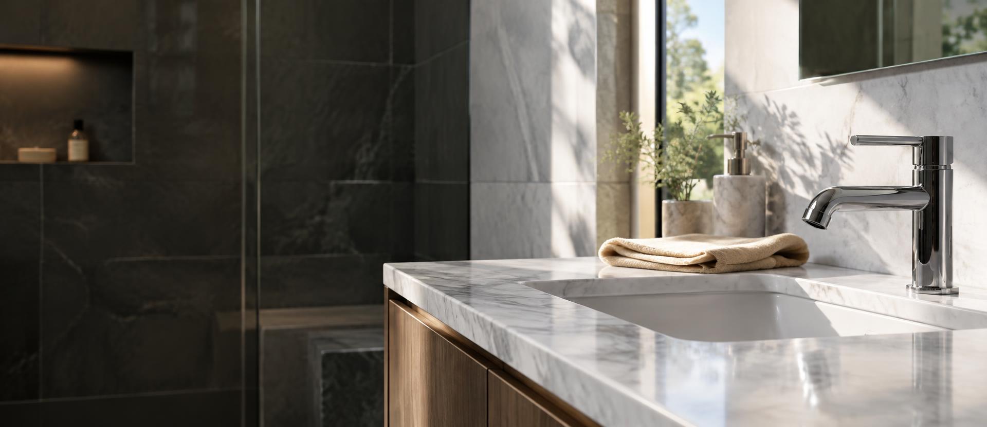 Polished chrome faucet and folded chamois cloth on a clean marble bathroom vanity