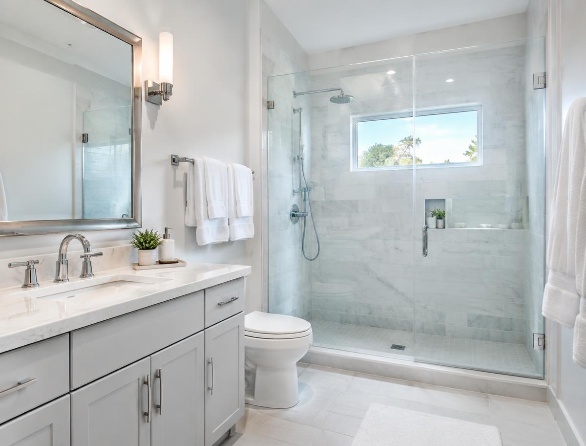 Sparkling bathroom with clear glass shower and polished chrome fixtures