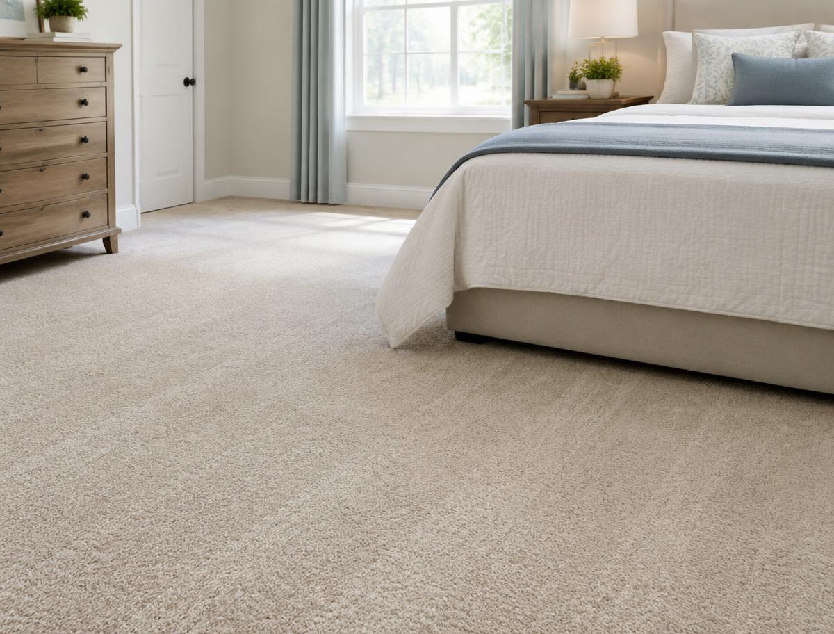 Freshly shampooed beige bedroom carpet with even, clean fibers