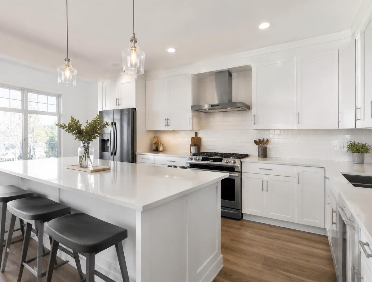 Spotless white kitchen with shining counters after a residential clean