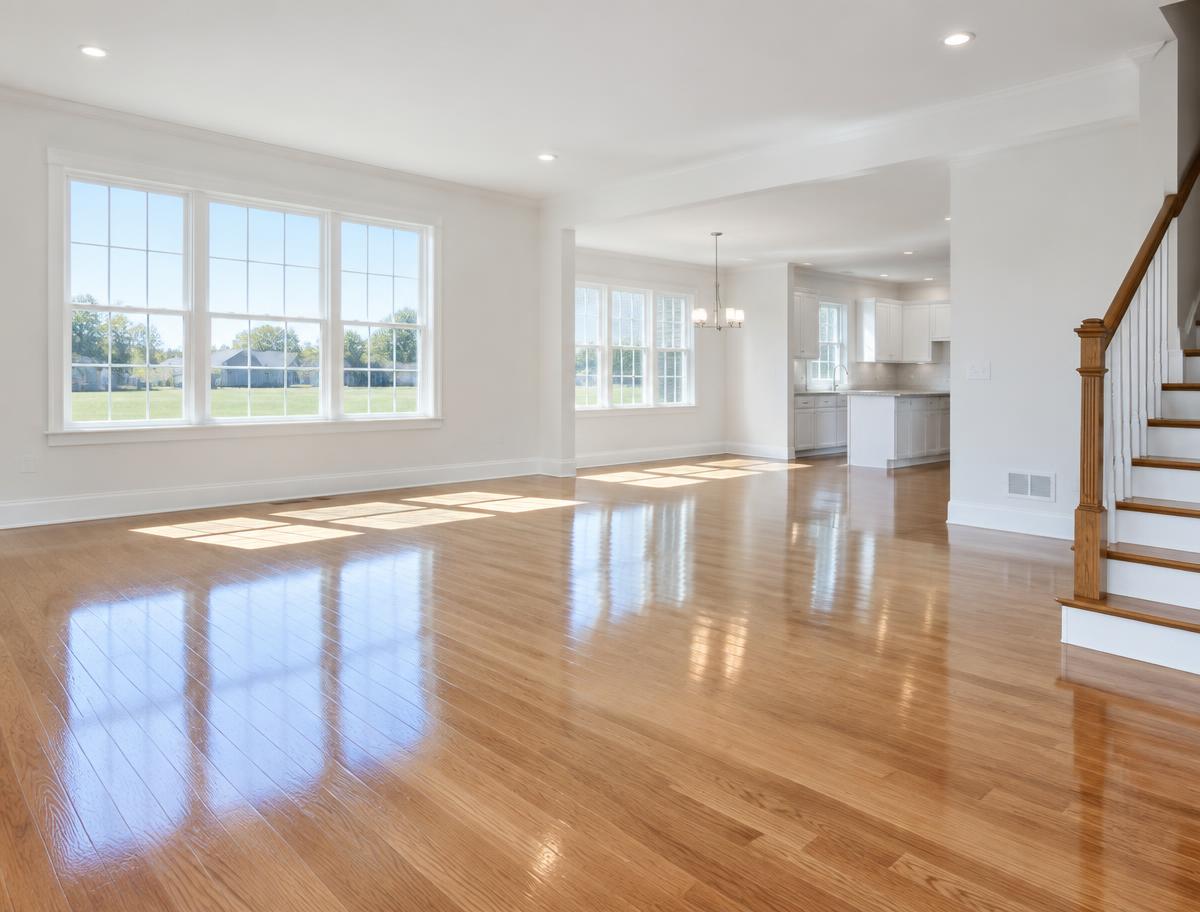 Empty new home with gleaming hardwood floors after post construction cleaning