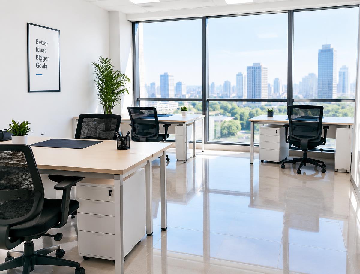 Clean bright office with spotless desks and polished floor