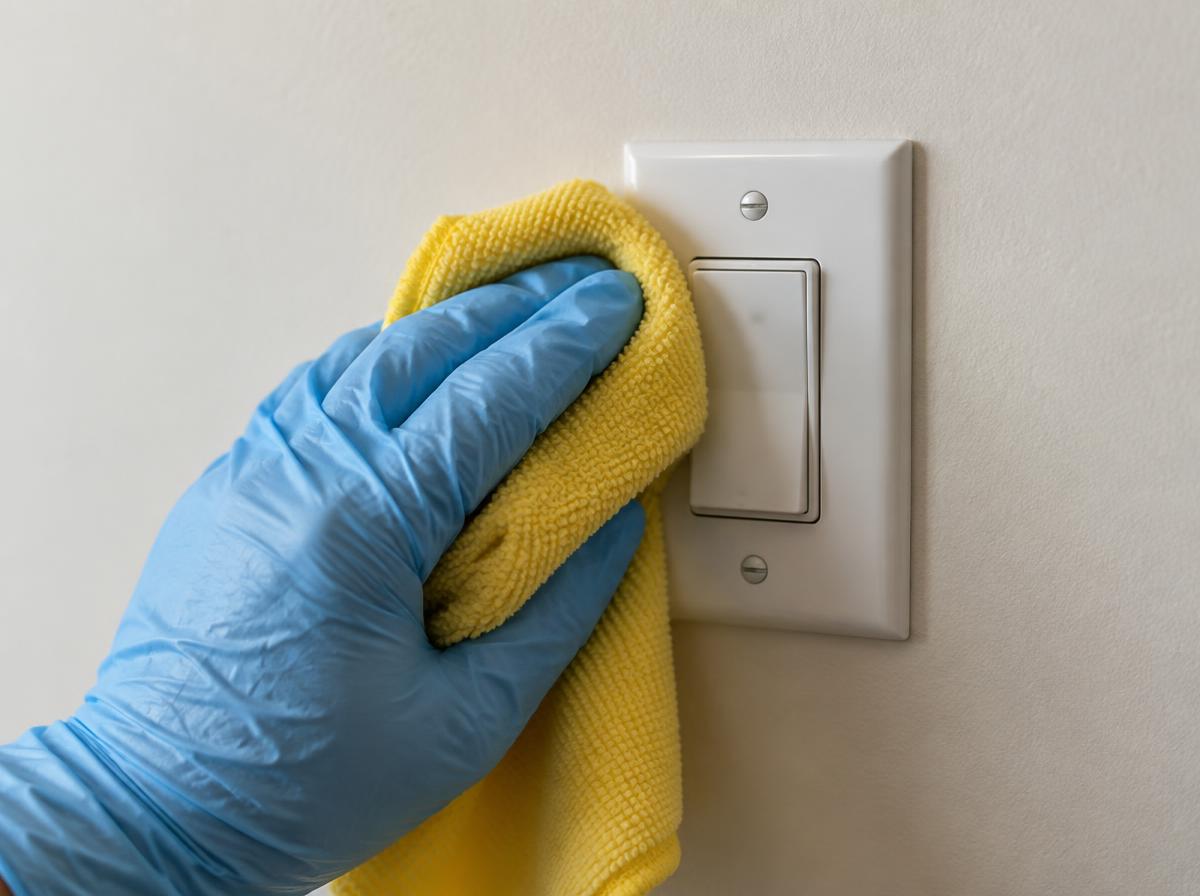Gloved hand wiping a white light switch plate with a yellow microfiber cloth