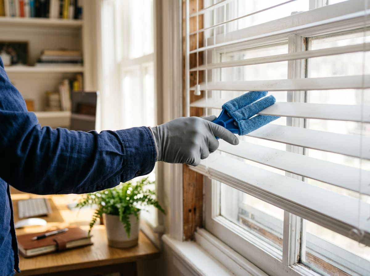 Microfiber blind cleaning tool wiping white blinds in a sunny home office