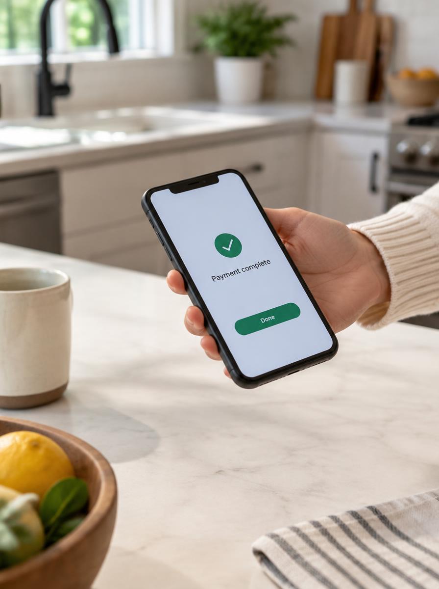 Hand holding a phone showing a completed payment after a home cleaning