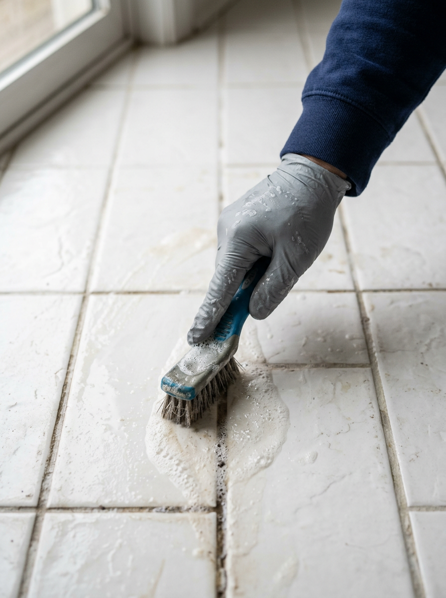 Stiff grout brush deep cleaning white bathroom floor tile